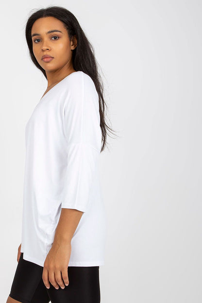 Elegant Plus Size Blouse With 3/4 Sleeves And Sweetheart Neckline by Relevance, showcasing a side profile of a model in a stylish white blouse perfect for sophisticated casual wear.