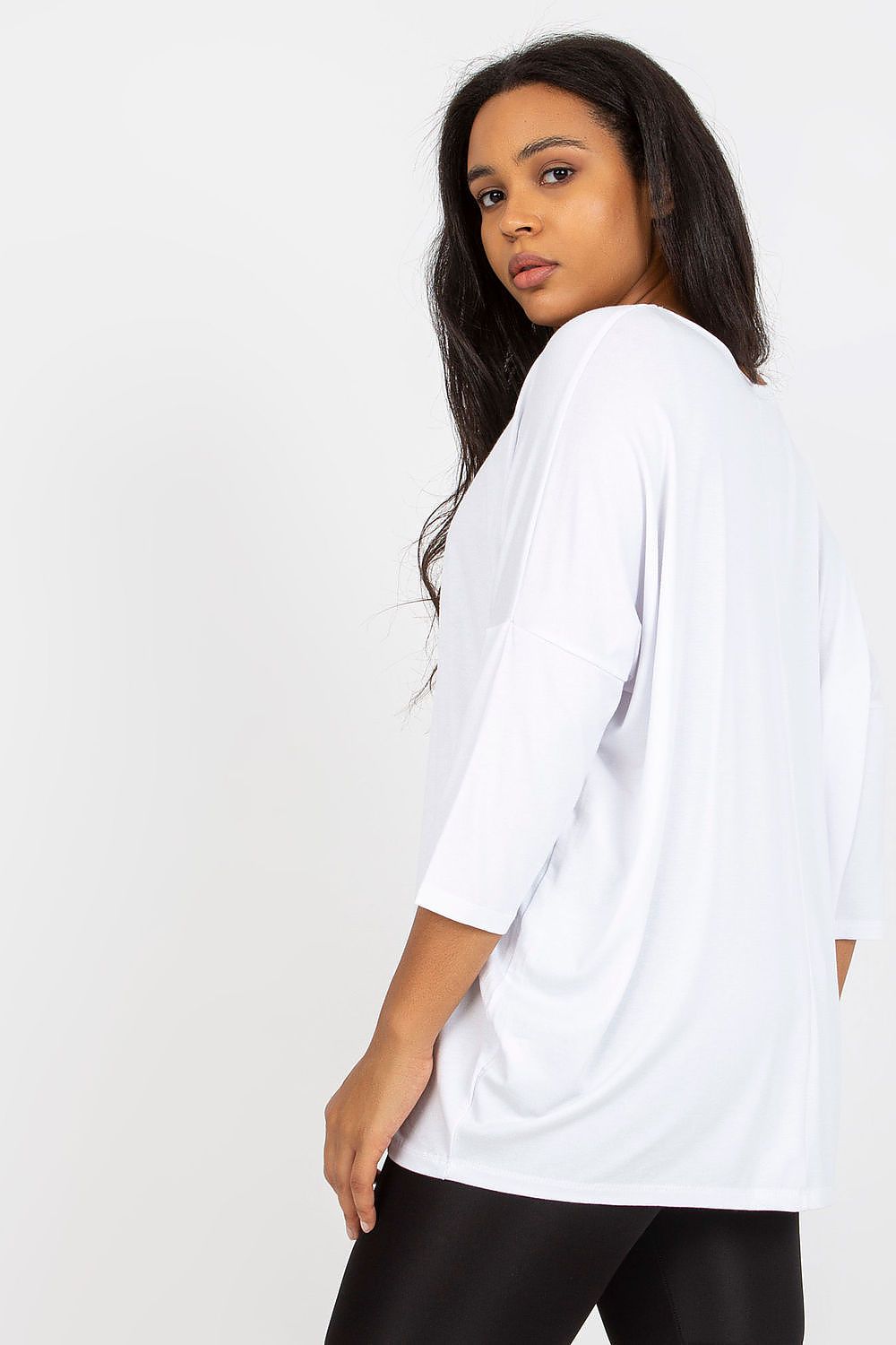Elegant Plus Size Blouse With 3/4 Sleeves And Sweetheart Neckline by Relevance, featuring a fashionable back view of a model in a soft white blouse ideal for chic everyday outfits.