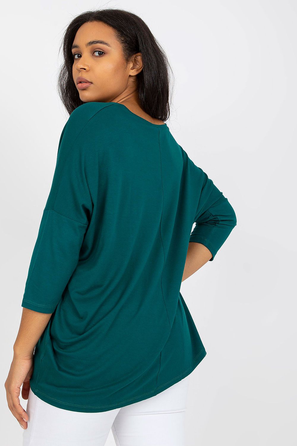 Elegant Plus Size Blouse With 3/4 Sleeves And Sweetheart Neckline by Relevance, featuring a model in a captivating teal blouse, elegantly displayed from the back for a stylish look.