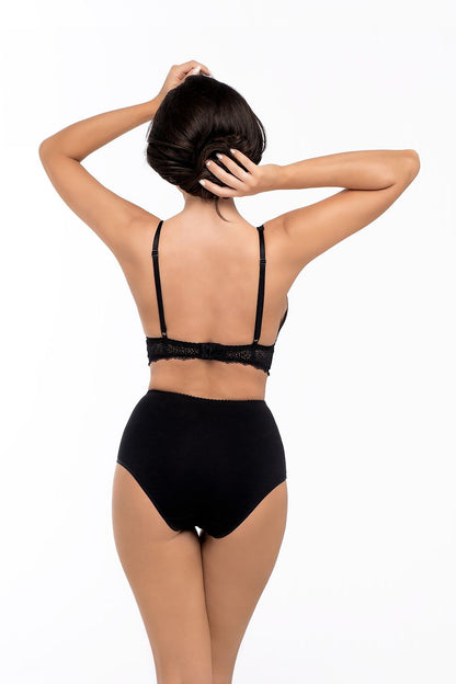 Back view of Luxury High-Waisted Cotton Panties with Lace Inserts, highlighting the intricate lace detailing and comfortable fit. Perfect Everyday Underwear by Babell.
