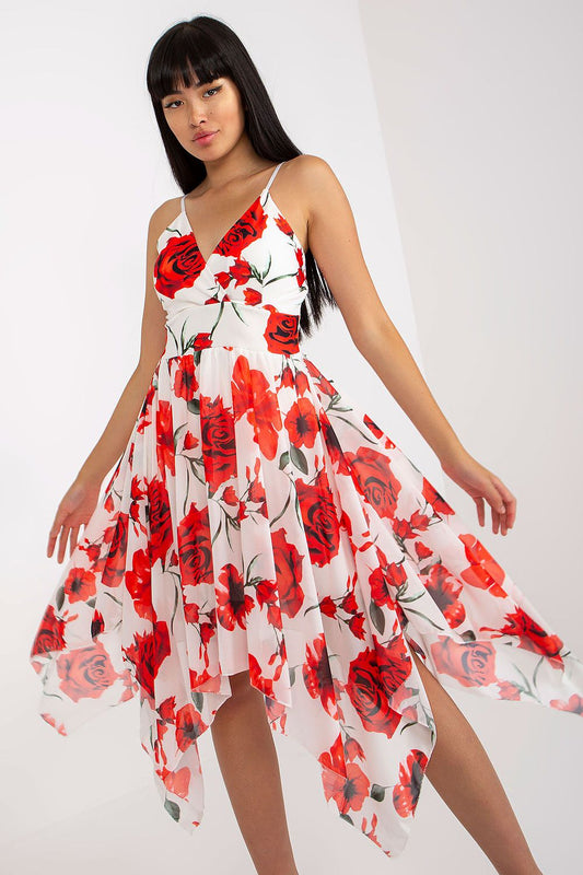 Elegant Asymmetrical Summer Dress with Adjustable Straps and Padded Cups by Italy Moda, featuring a stunning floral design and blown-out bottom, perfect for a luxurious summer outing.