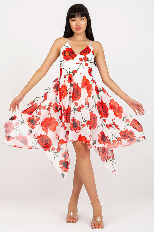 Elegant Asymmetrical Summer Dress with Adjustable Straps and Padded Cups by Italy Moda, showcased with a flowing silhouette and vibrant rose patterns for a sophisticated warm-weather look.