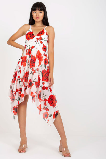 Elegant Asymmetrical Summer Dress with Adjustable Straps and Padded Cups by Italy Moda, elegantly styled with an asymmetric hem and striking floral accents, ideal for a chic summer ensemble.