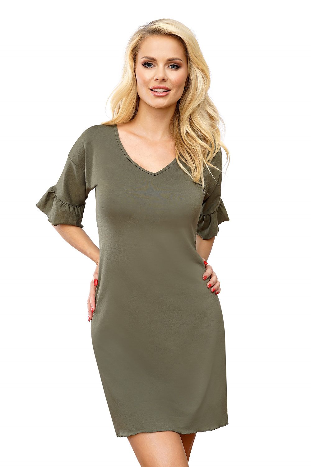 Elegant Viscose T!SSI Shirt with Fashion Frill showcased in khaki on a model, featuring a flattering V-neckline and stylish elbow-length frilled sleeves.