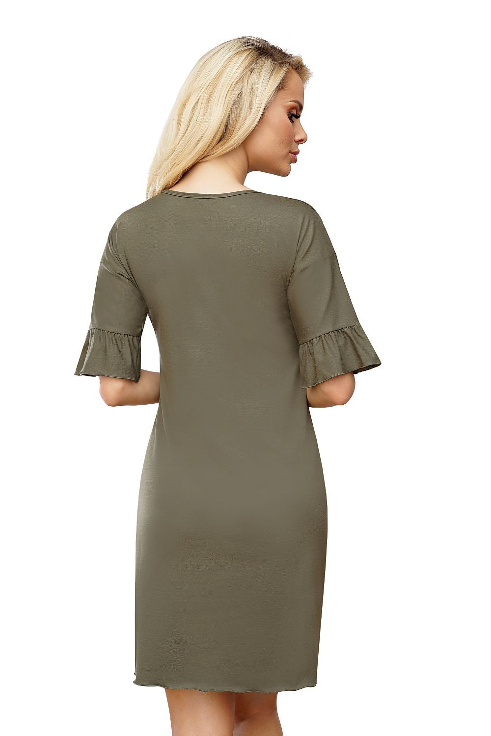 Luxury Elegant Viscose T!SSI Shirt with Fashion Frill, showcasing a stylish design with a chic frill detail and a sophisticated olive green colour, perfect for adding elegance to your wardrobe.