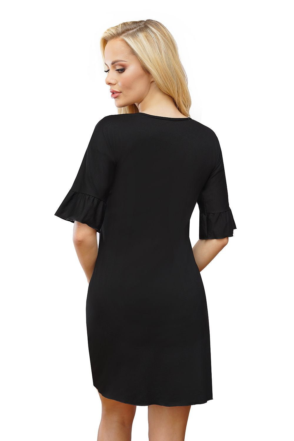 Rear view of the Elegant T!SSI Women's Slip Dress Style T-Shirt in Viscose and Spandex, highlighting its chic design and frill sleeves.