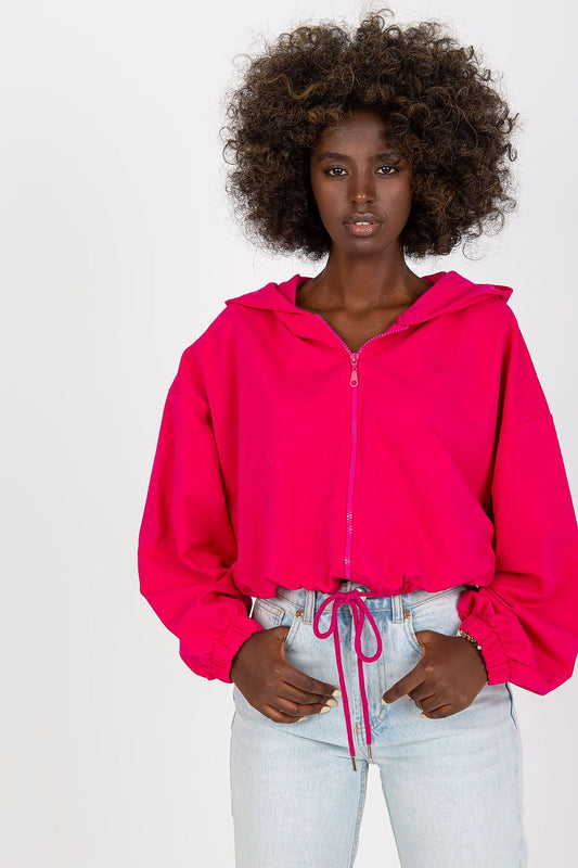 Luxury Women’s Hooded Zippered Sweatshirt by Rue Paris in vibrant pink, featuring stylish ties, designed for comfort and elegance in a cotton and spandex blend. Perfectly paired with jeans for a chic casual look.