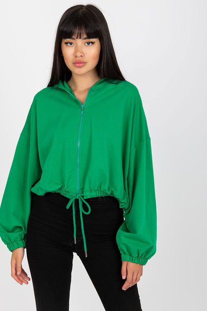 Luxury Women’s Hooded Zippered Sweatshirt by Rue Paris, showcasing a stunning green hue, styled with sleek black high-waisted jeans, ideal for a sophisticated casual outfit.