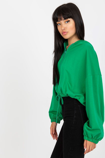 Luxury Women’s Hooded Zippered Sweatshirt by Rue Paris, striking green colour, elegantly styled with an emphasis on modern casual luxury.