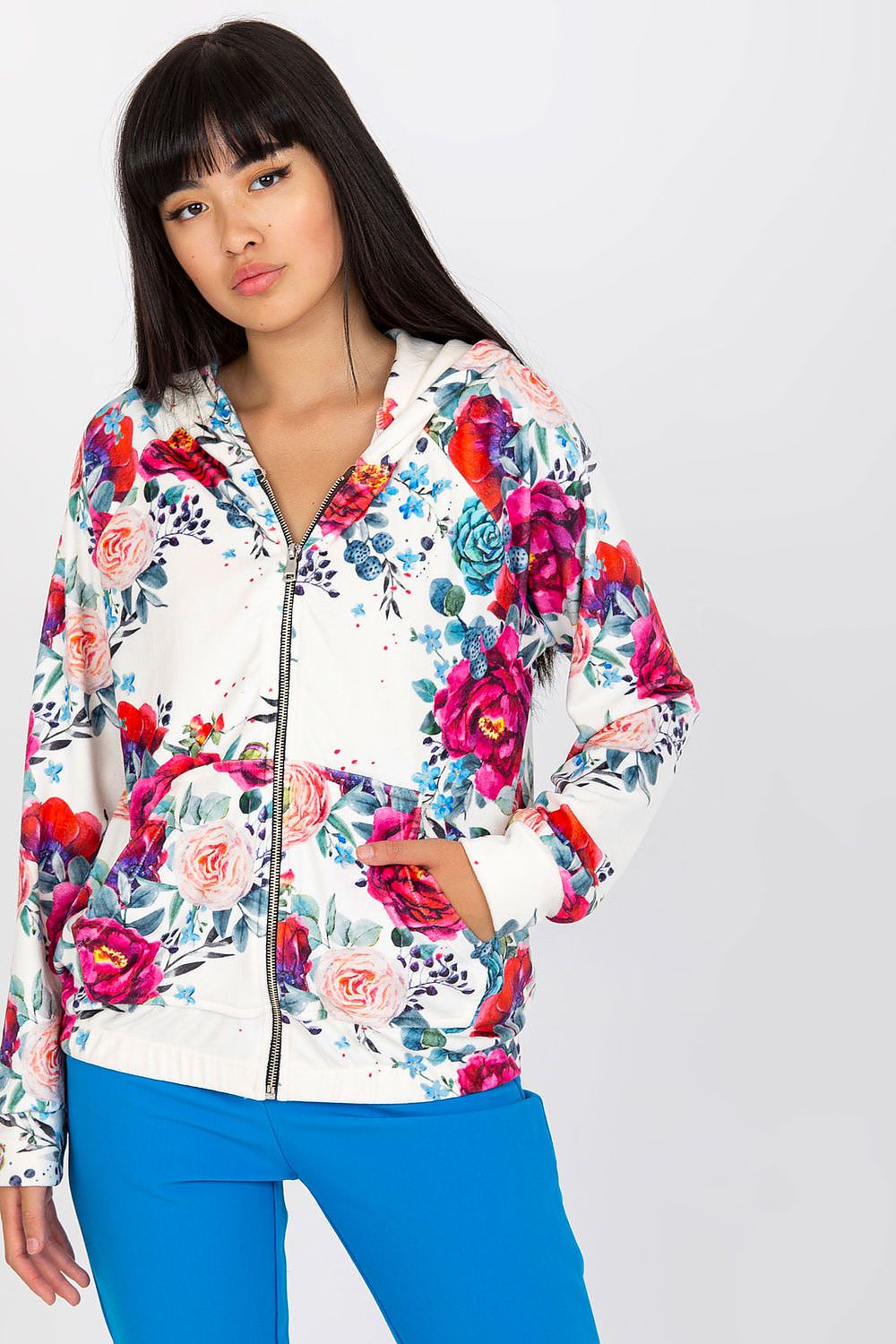 Luxurious Rue Paris Women's Hooded Zip Sweatshirt with Pockets, featuring vibrant floral patterns, model wearing a stylish hoodie with long sleeves and zippered front, elegant comfort in sizes S/M & L/XL.