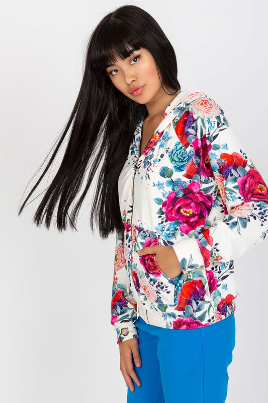 Chic Luxurious Rue Paris Women's Hooded Zip Sweatshirt with Pockets, showcasing a model with long hair in a floral design, complemented with a zippered front and a fashionable look perfect for sizes S/M & L/XL.