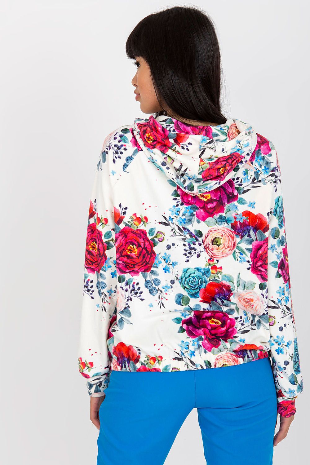 Back view of the Luxurious Rue Paris Women's Hooded Zip Sweatshirt with Pockets, adorned with exquisite floral prints, model highlighting the elegant hood and stylish comfort in sizes S/M & L/XL.