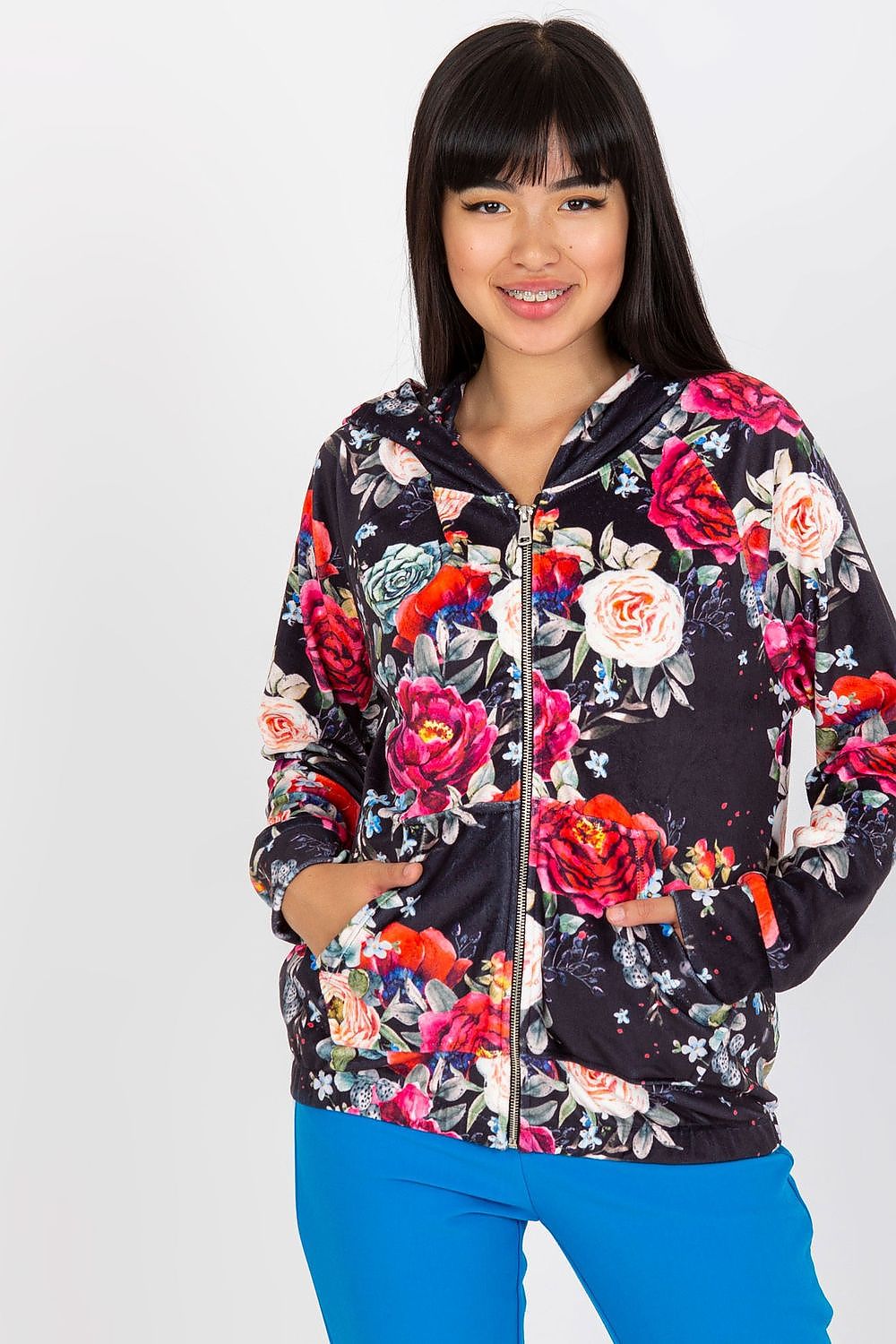 Trendy Luxurious Rue Paris Women's Hooded Zip Sweatshirt with Pockets, model displaying a sophisticated floral hoodie in dark tone, designed for modern elegance in sizes S/M & L/XL.
