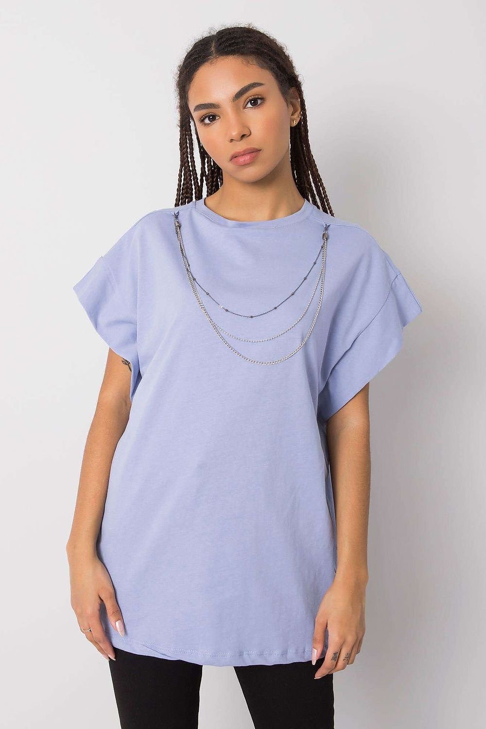 Rue Paris Luxurious Loose Fit Blouse with Short Sleeves & Detachable Chain in lavender, crafted from 100% cotton, featuring a chic design and elegant chain details.