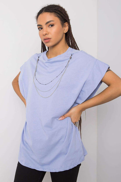 Rue Paris Luxurious Loose Fit Blouse with Short Sleeves & Detachable Chain showcased in lavender, designed for a modern and sophisticated look, made of premium 100% cotton.