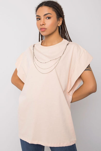 Rue Paris Luxurious Loose Fit Blouse with Short Sleeves & Detachable Chain displayed in a soft blush hue, highlighting its elegant design and high-quality 100% cotton construction.