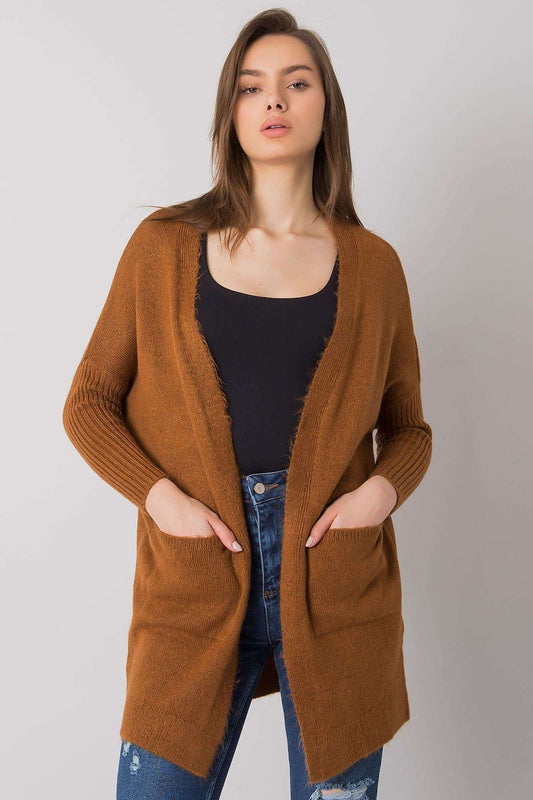Elegant Long-Sleeved Rue Paris Cardigan with Slip Pockets – Chic Layering Essential in Acrylic Blend, featuring a relaxed fit and ribbed detailing, perfect for sophisticated layering.