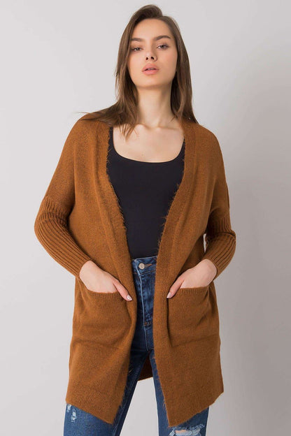 Elegant Long-Sleeved Rue Paris Cardigan with Slip Pockets – Chic Layering Essential in Acrylic Blend, featuring a relaxed fit and ribbed detailing, perfect for sophisticated layering.