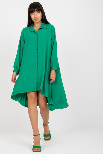 Long-Sleeved Asymmetrical Button-Down Shirt Dress by Italy Moda showcased by a model, featuring an elegant green fabric and stylish silhouette, perfect for everyday luxury wear.