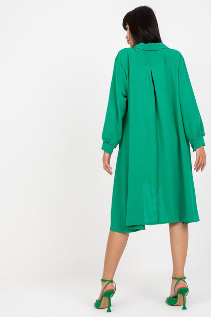 Back view of the Long-Sleeved Asymmetrical Button-Down Shirt Dress by Italy Moda in elegant green, demonstrating its graceful silhouette and unique style, ideal for a refined wardrobe.
