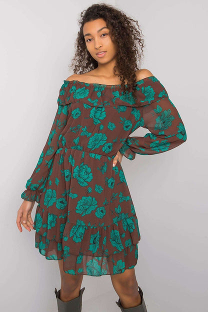 Elegant Long Sleeve Dress with Frill Hem and Spanish Neckline by Italy Moda, highlighted by a model in a chic brown floral pattern, ideal for casual or semi-formal occasions.