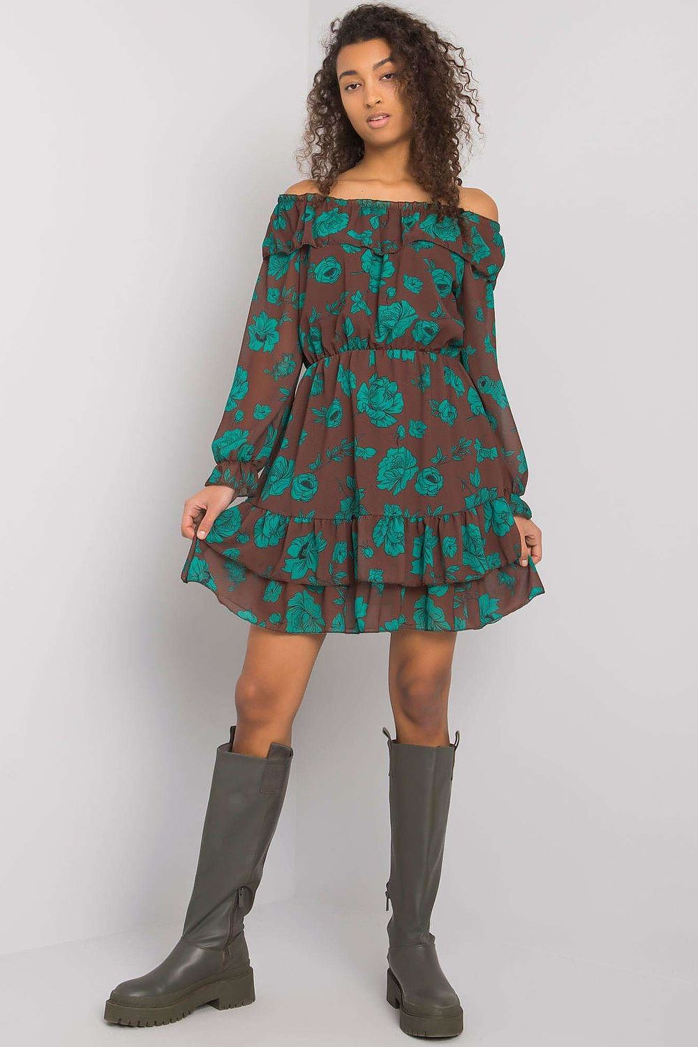 Elegant Long Sleeve Dress with Frill Hem and Spanish Neckline by Italy Moda, presented by a model wearing a stylish brown floral dress, capturing a sophisticated autumn look.