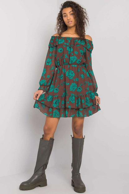 Elegant Long Sleeve Dress with Frill Hem and Spanish Neckline by Italy Moda, presented by a model wearing a stylish brown floral dress, capturing a sophisticated autumn look.