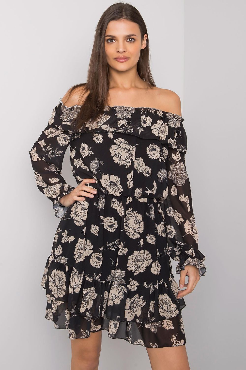 Elegant Long Sleeve Dress with Frill Hem and Spanish Neckline by Italy Moda, depicted by a model in a black floral dress, showcasing exquisitely layered frills for a luxurious touch.