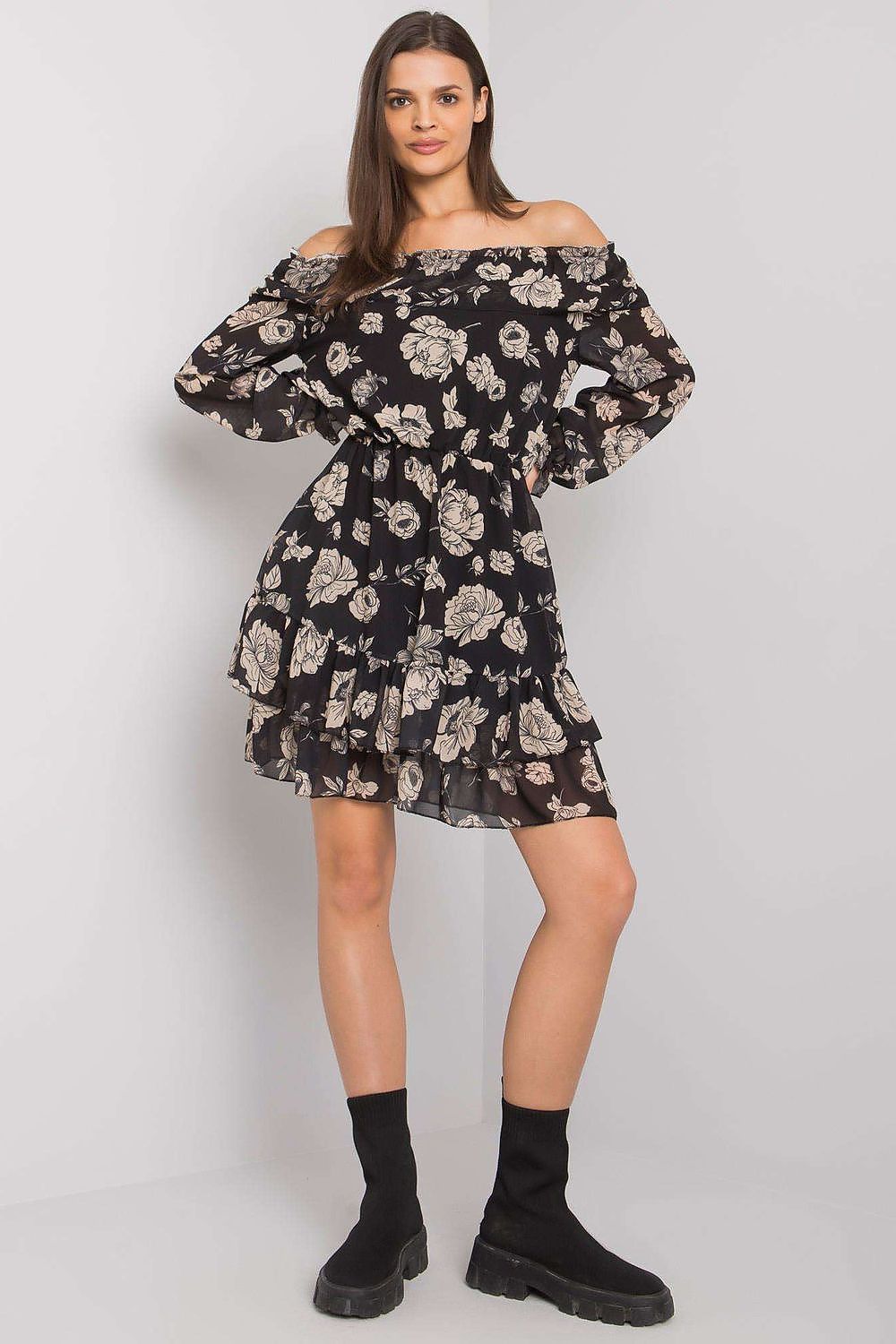 Elegant Long Sleeve Dress with Frill Hem and Spanish Neckline by Italy Moda, featuring a floral design and off-shoulder style, perfect for sophisticated occasions.