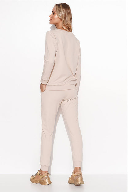 Elegant Women's Makadamia Sweatshirt Set with Crystal Detail and Comfortable Long Pants, stylish beige outfit showcasing the back view of the sweatshirt and pants.