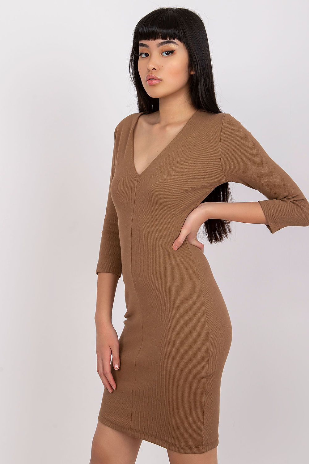 Elegant Ribbed Pencil Dress by Rue Paris captured side-view, emphasising the long sleeves and flattering heart neckline, ideal for smart casual occasions.