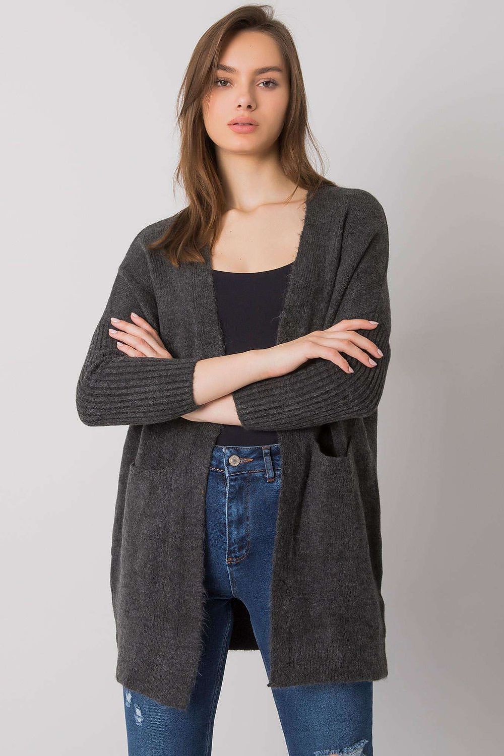Elegant Long-Sleeve Cardigan With Pockets by Rue Paris, showcasing a sophisticated design in a rich grey shade, styled with a chic and modern outfit.
