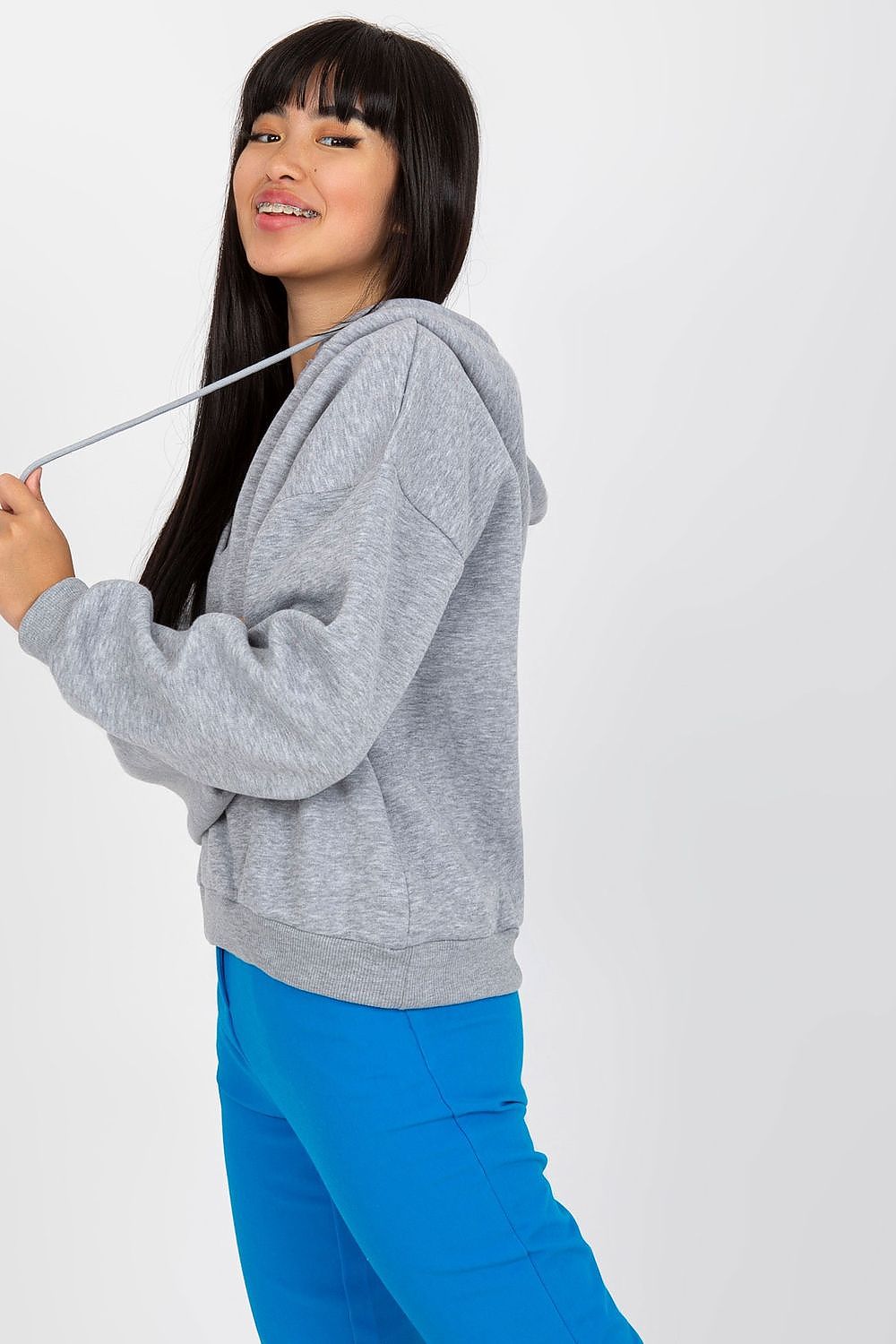 Luxury Women's V-Neck Sweatshirt With Hood - Premium Cotton Blend By BFG, featuring a stylish grey design, showcased on a model with long sleeves and a relaxed fit.