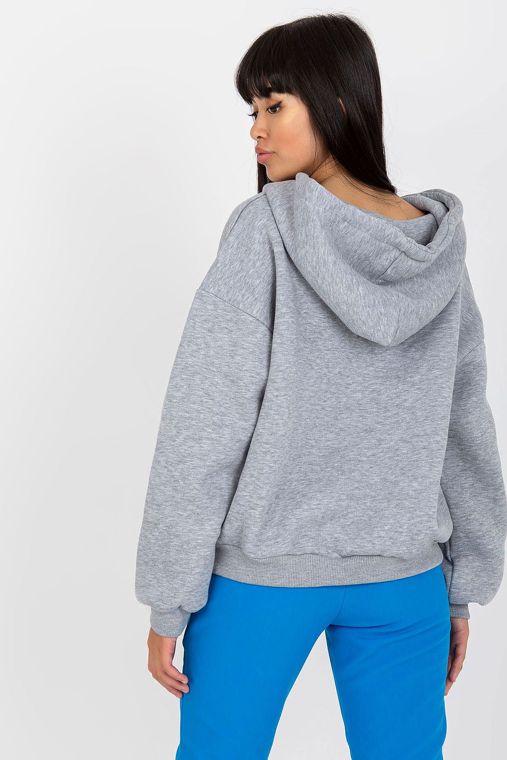 Luxury Women's V-Neck Sweatshirt With Hood - Premium Cotton Blend By BFG, displayed from the back, highlighting the elegant hood and soft fabric on a model.