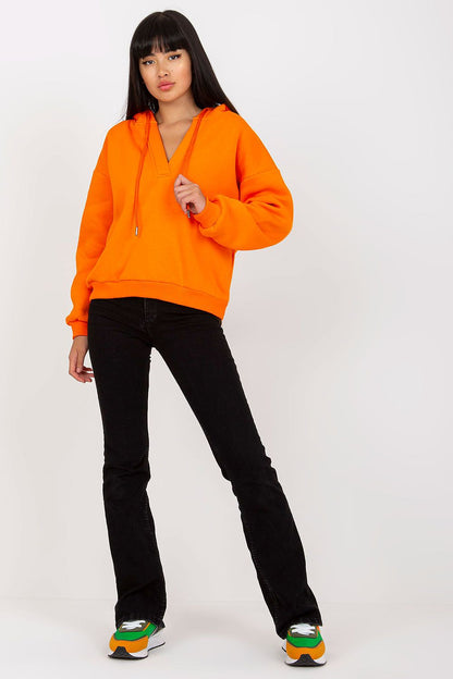 Luxury Women's V-Neck Sweatshirt With Hood - Premium Cotton Blend By BFG, vibrant orange colour modelled by a model in a casual yet chic outfit.