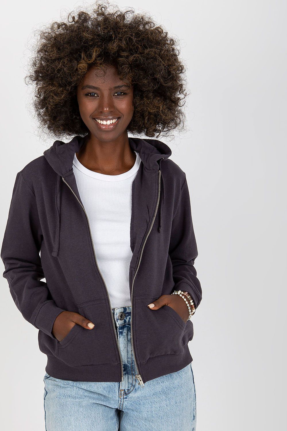 Women’s Luxury Hooded Zippered Sweatshirt With Front Pockets - BFG, Cotton-Blend Fabric worn by a smiling model showcasing elegance and casual style.