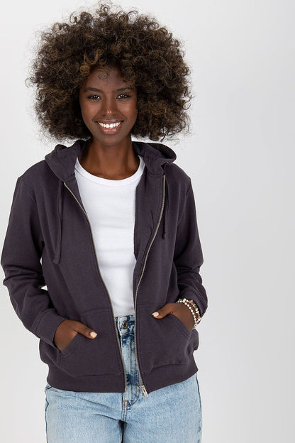 Women’s Luxury Hooded Zippered Sweatshirt With Front Pockets - BFG, Cotton-Blend Fabric worn by a smiling model showcasing elegance and casual style.