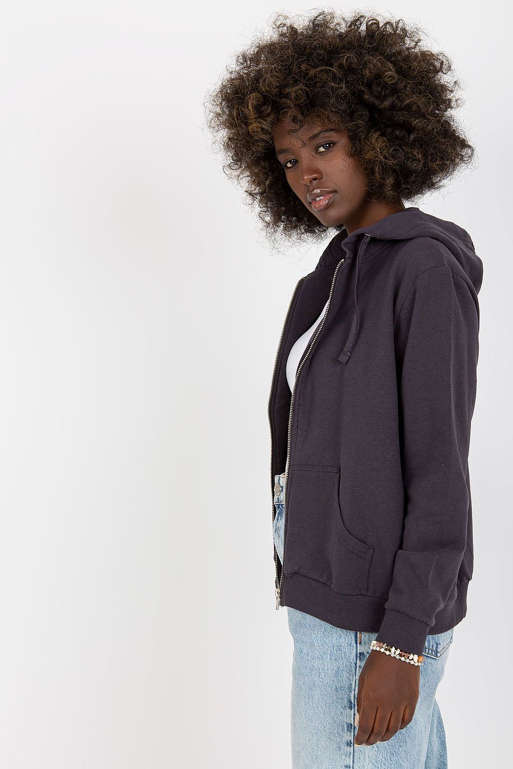 Side view of Women’s Luxury Hooded Zippered Sweatshirt With Front Pockets - BFG, Cotton-Blend Fabric highlighting its comfortable fit and stylish design.