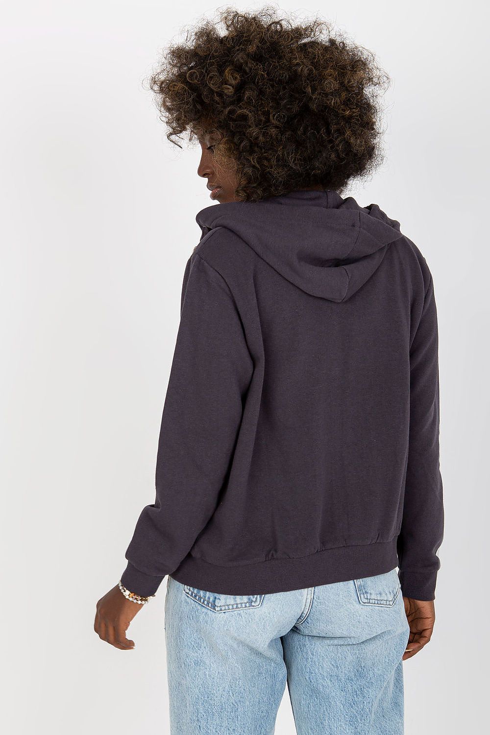 Back view of Women’s Luxury Hooded Zippered Sweatshirt With Front Pockets - BFG, Cotton-Blend Fabric displayed on a model, demonstrating its luxurious feel.