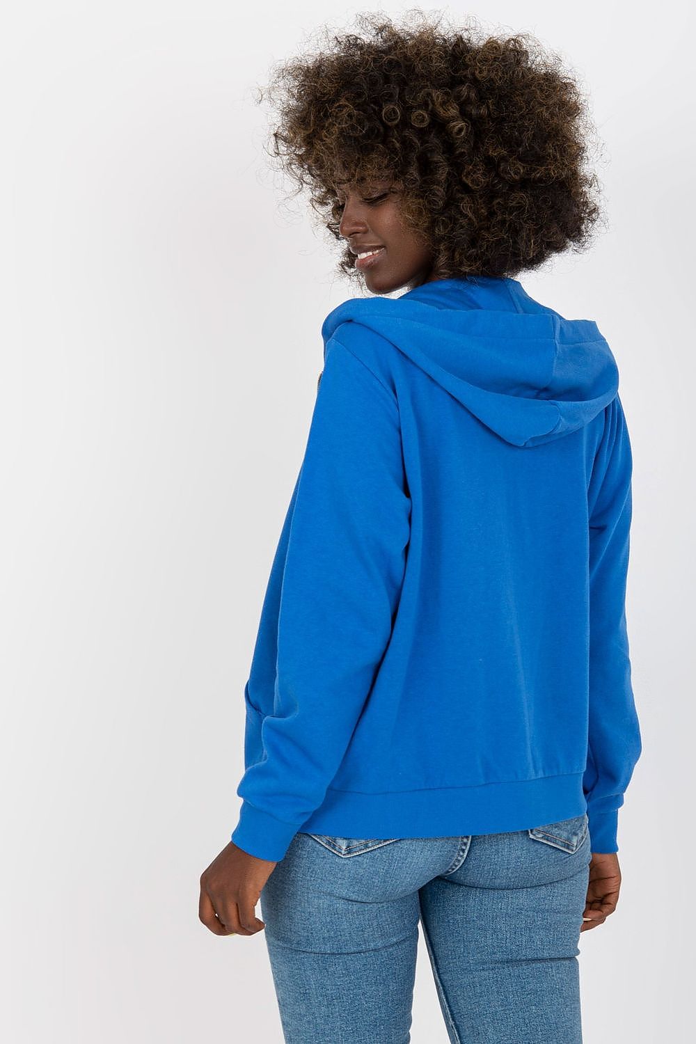 Women’s Luxury Hooded Zippered Sweatshirt with Front Pockets - BFG, Cotton-Blend Fabric. Model showcased from the back, wearing a vibrant blue sweatshirt, highlighting the elegant hood design.