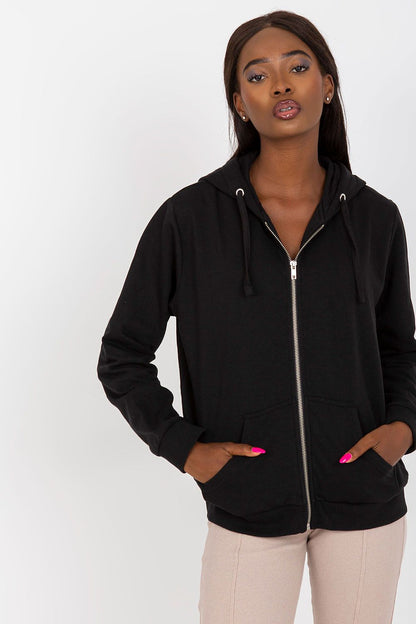 Women’s Luxury Hooded Zippered Sweatshirt with Front Pockets - BFG, Cotton-Blend Fabric. Front view of a model styled in a stylish black sweatshirt, featuring a zip closure and front pockets.