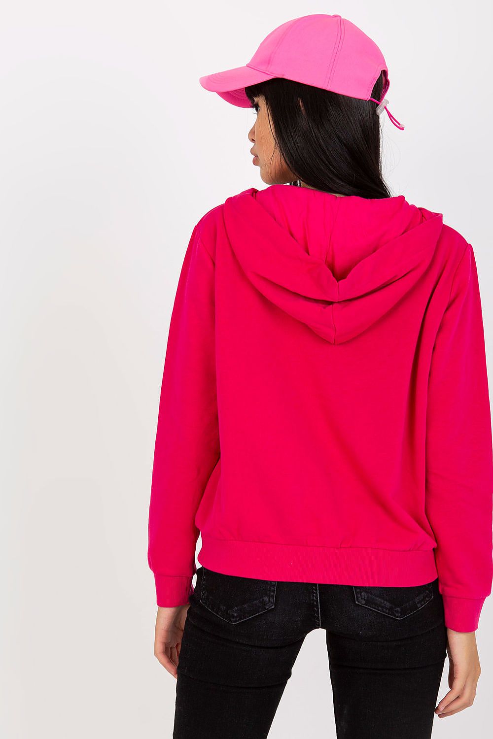 Discover the back view of the Women’s Luxury Hooded Zippered Sweatshirt with Front Pockets - BFG, designed for comfort and sophistication in vibrant pink.