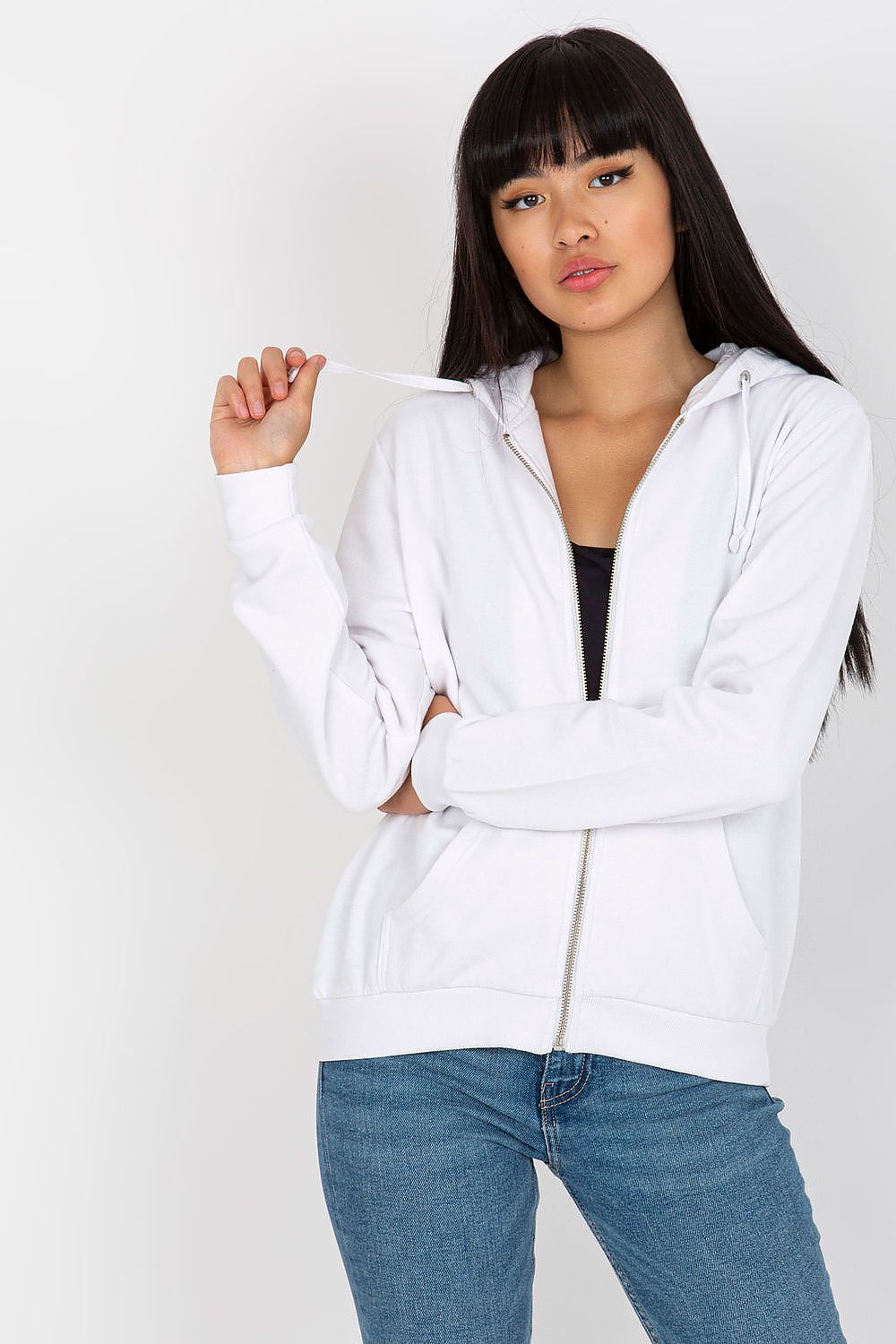 A chic presentation of the Women’s Luxury Hooded Zippered Sweatshirt with Front Pockets - BFG in white, perfect for a polished yet casual look.