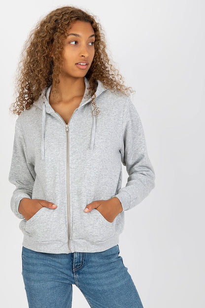 Women’s Luxury Hooded Zippered Sweatshirt With Front Pockets - BFG, Cotton-Blend Fabric, showcased on a model with curly hair wearing a light grey sweatshirt, highlighting its stylish design and front pockets.