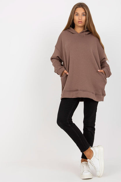 Luxury BFG Extended Cut Sweatshirt with Hood and Slip Pockets showcased on a model, featuring a stylish brown hue and designed for comfort with 90% cotton and 10% spandex.