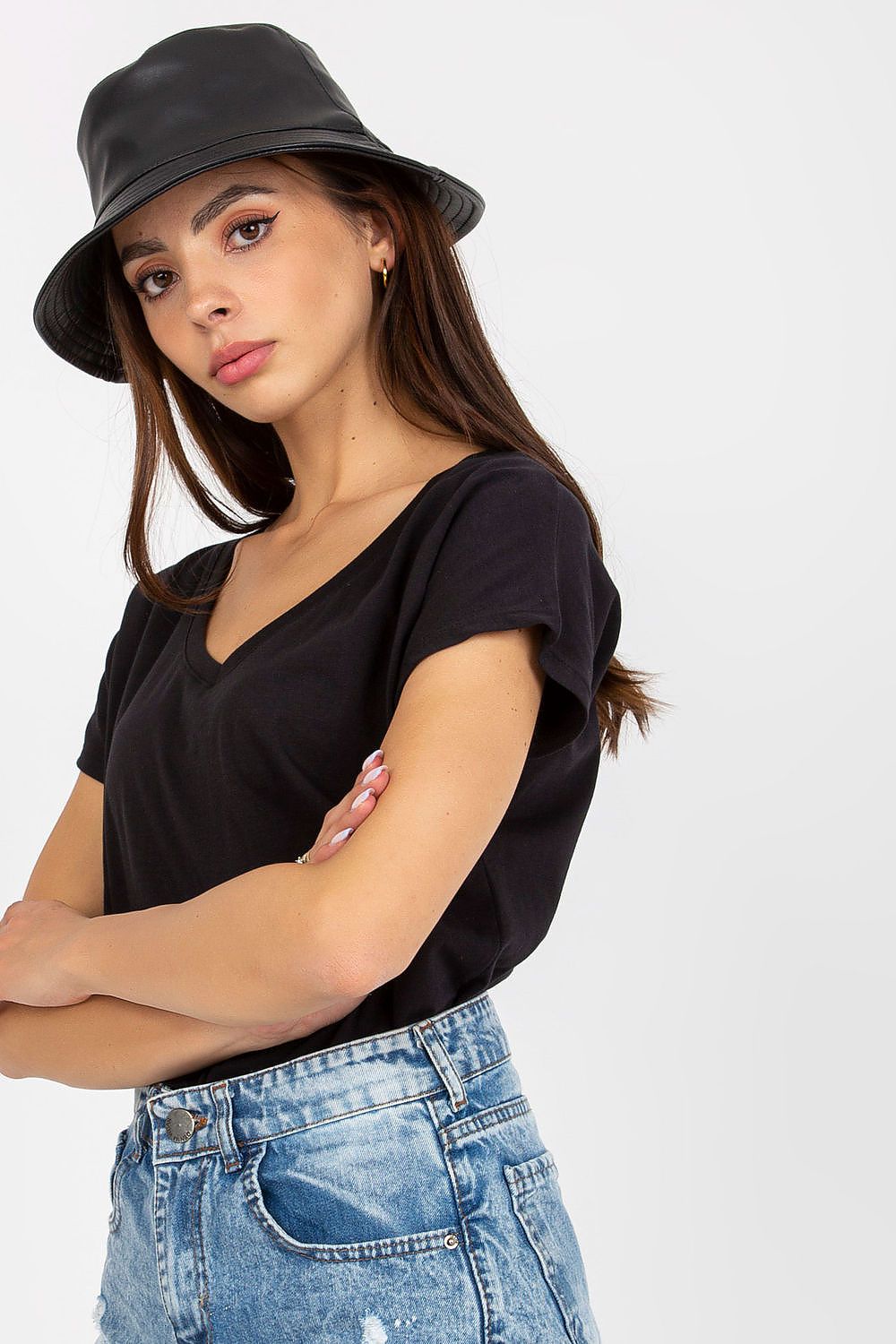 Luxurious Heart Neckline T-Shirt in 95% Cotton - BFG Fashion Forward Styles featuring a model in a black T-shirt with short sleeves styled with denim shorts and a sleek black hat.