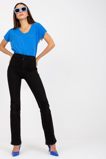 Luxurious Heart Neckline T-Shirt in 95% Cotton - BFG Fashion Forward Styles illustrated by a model in a vibrant blue T-shirt and sleek black trousers, completed with stylish blue heels and sunglasses.