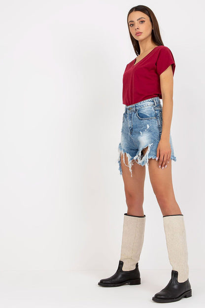 Luxurious Heart Neckline T-Shirt in 95% Cotton featured alongside trendy distressed shorts, exuding a laid-back yet elegant vibe.