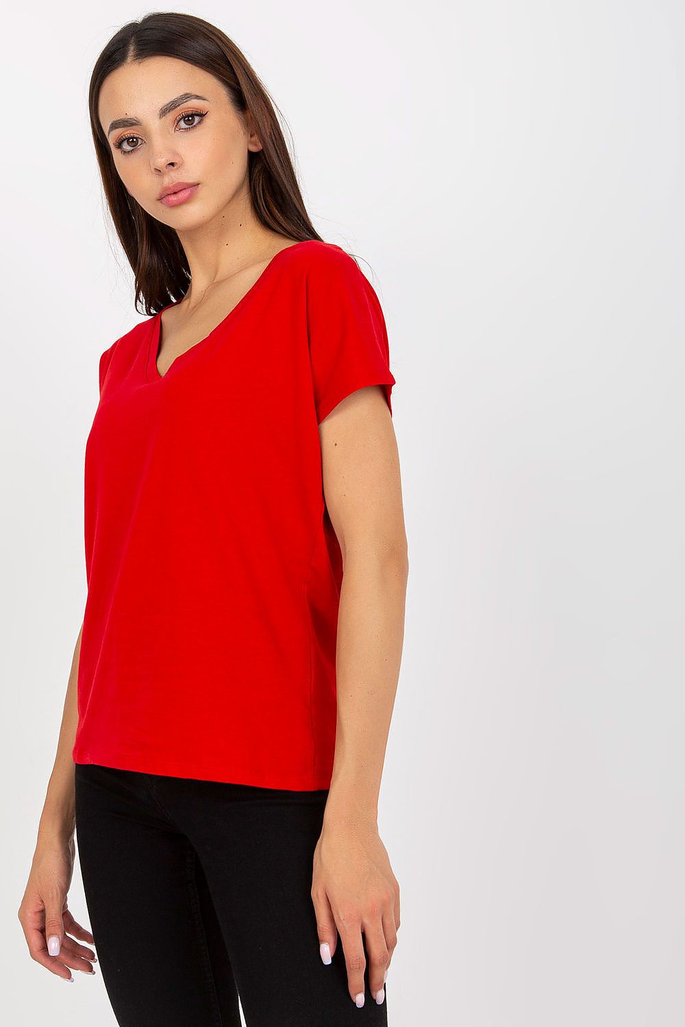 Luxurious Heart Neckline T-Shirt in 95% Cotton by BFG Fashion Forward Styles showcased on a model, exuding elegance in vibrant red.