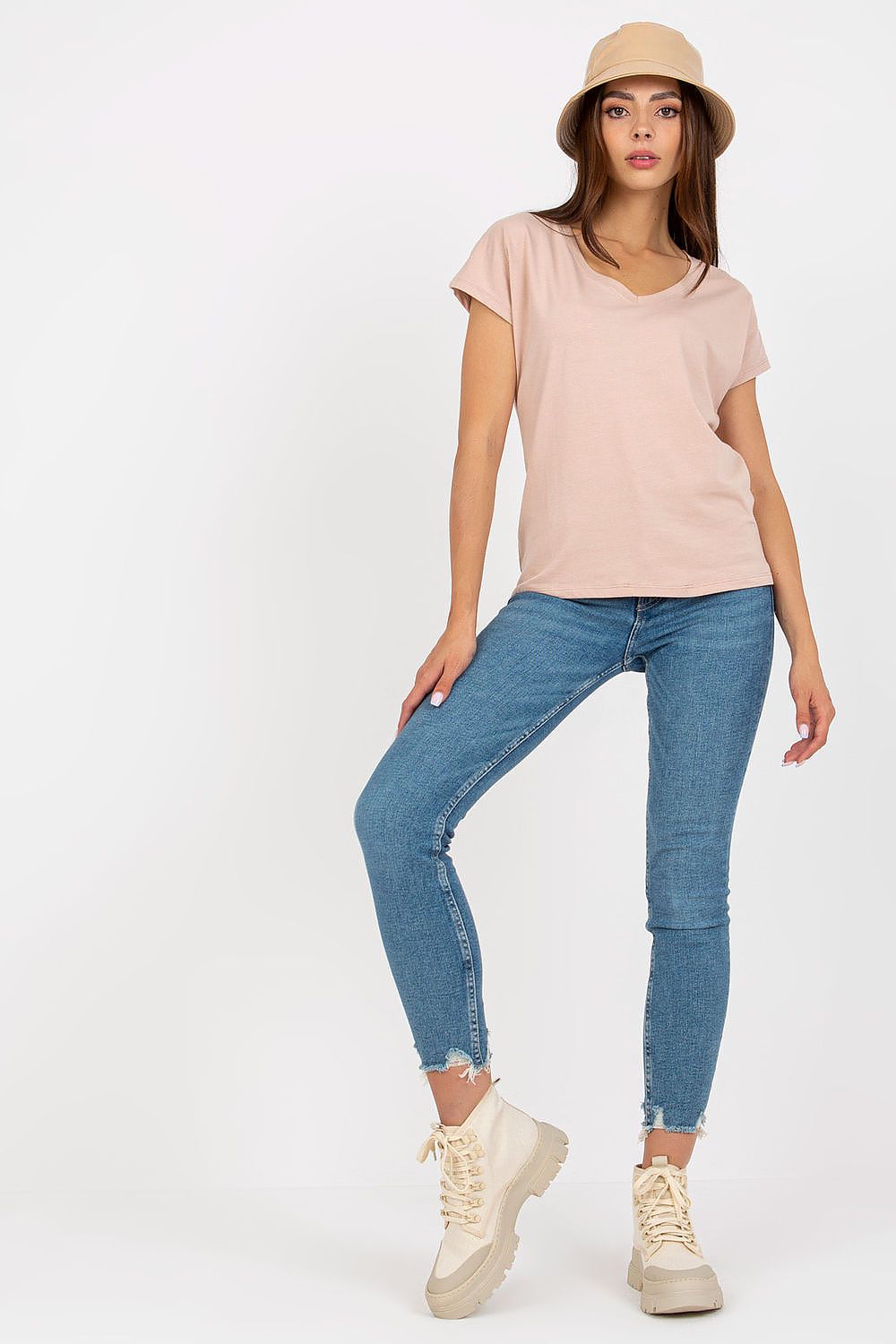 Luxurious Heart Neckline T-Shirt in 95% Cotton by BFG Fashion Forward Styles, elegantly worn by a model, paired with distressed jeans and chic harness boots.